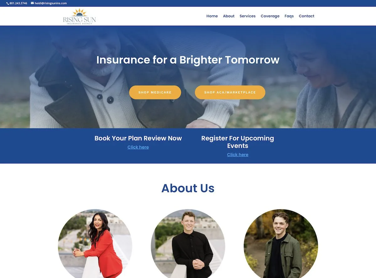 Serene sunset landscape over a calm lake for Rising Sun Insurance website design.